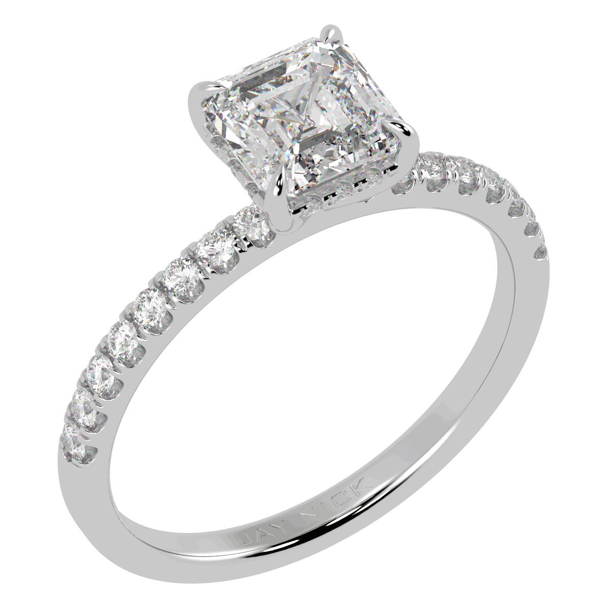 Asscher Cut Studded Hidden Halo Ring in white gold or platinum, perspective view
