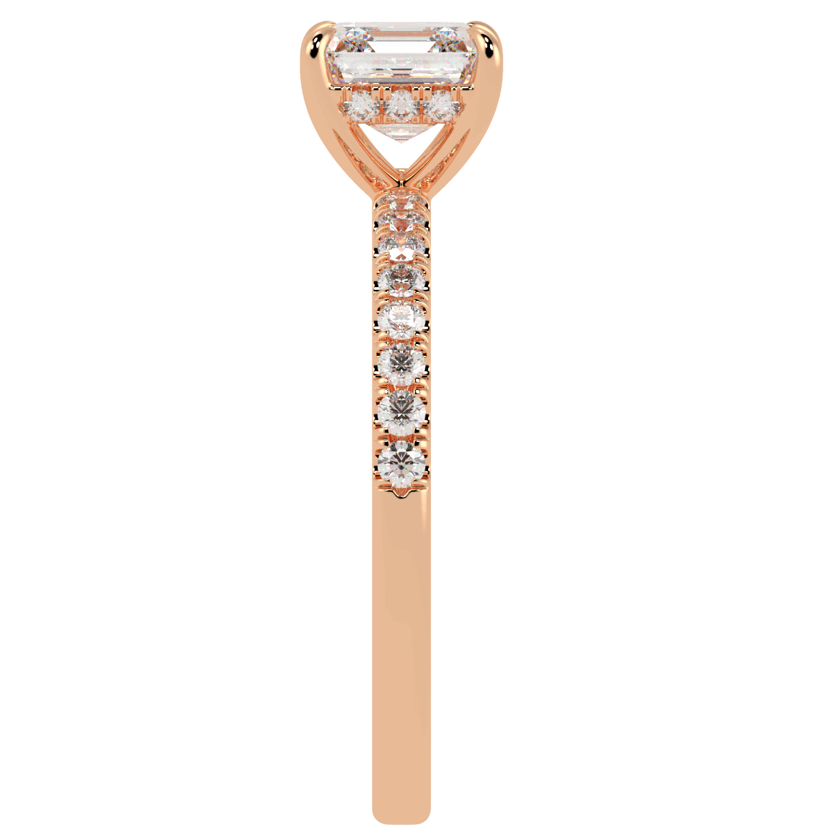 Asscher Cut Studded Hidden Halo Ring in rose gold, side view