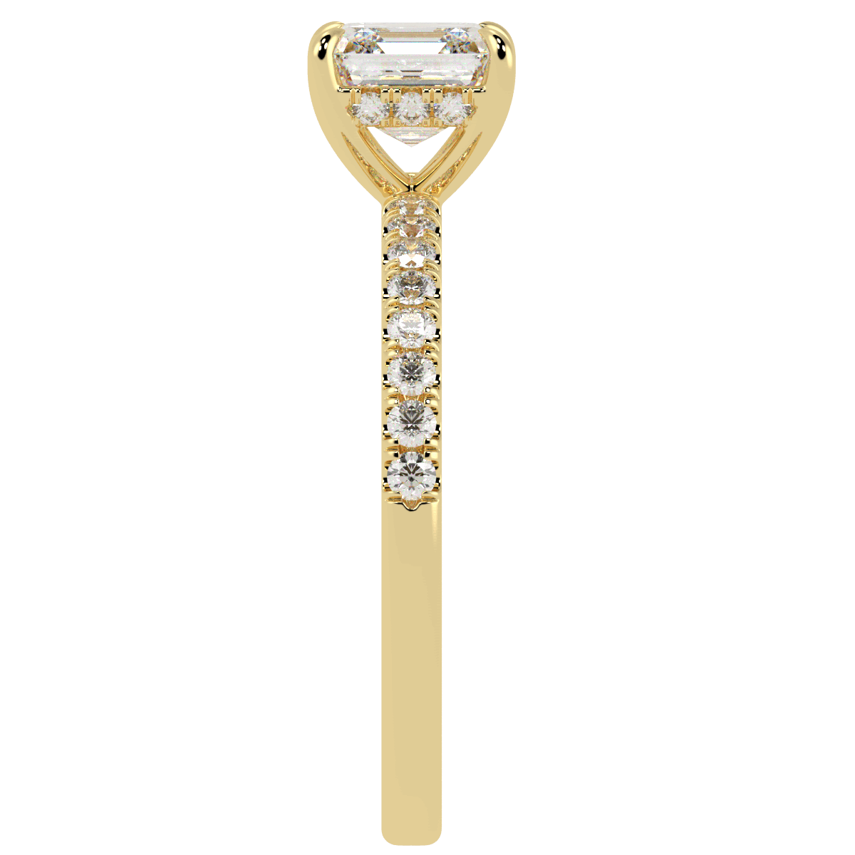 Asscher Cut Studded Hidden Halo Ring in yellow gold, side view