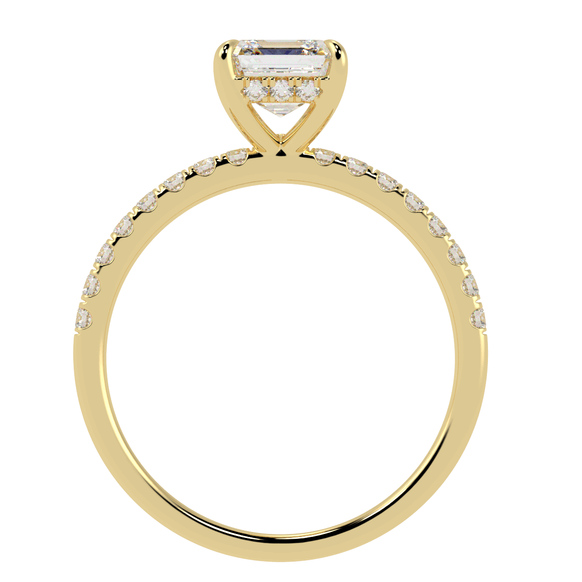 Asscher Cut Studded Hidden Halo Ring in yellow gold, flat view