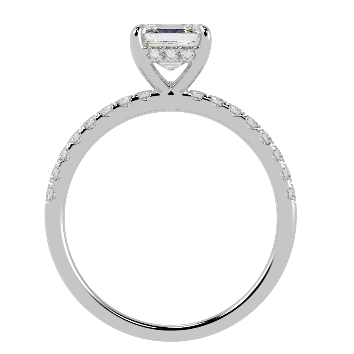 Asscher Cut Studded Hidden Halo Ring in white gold or platinum, flat view