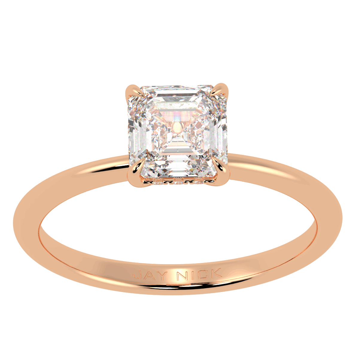 Asscher Cut Hidden Halo Ring in rose gold, top view
