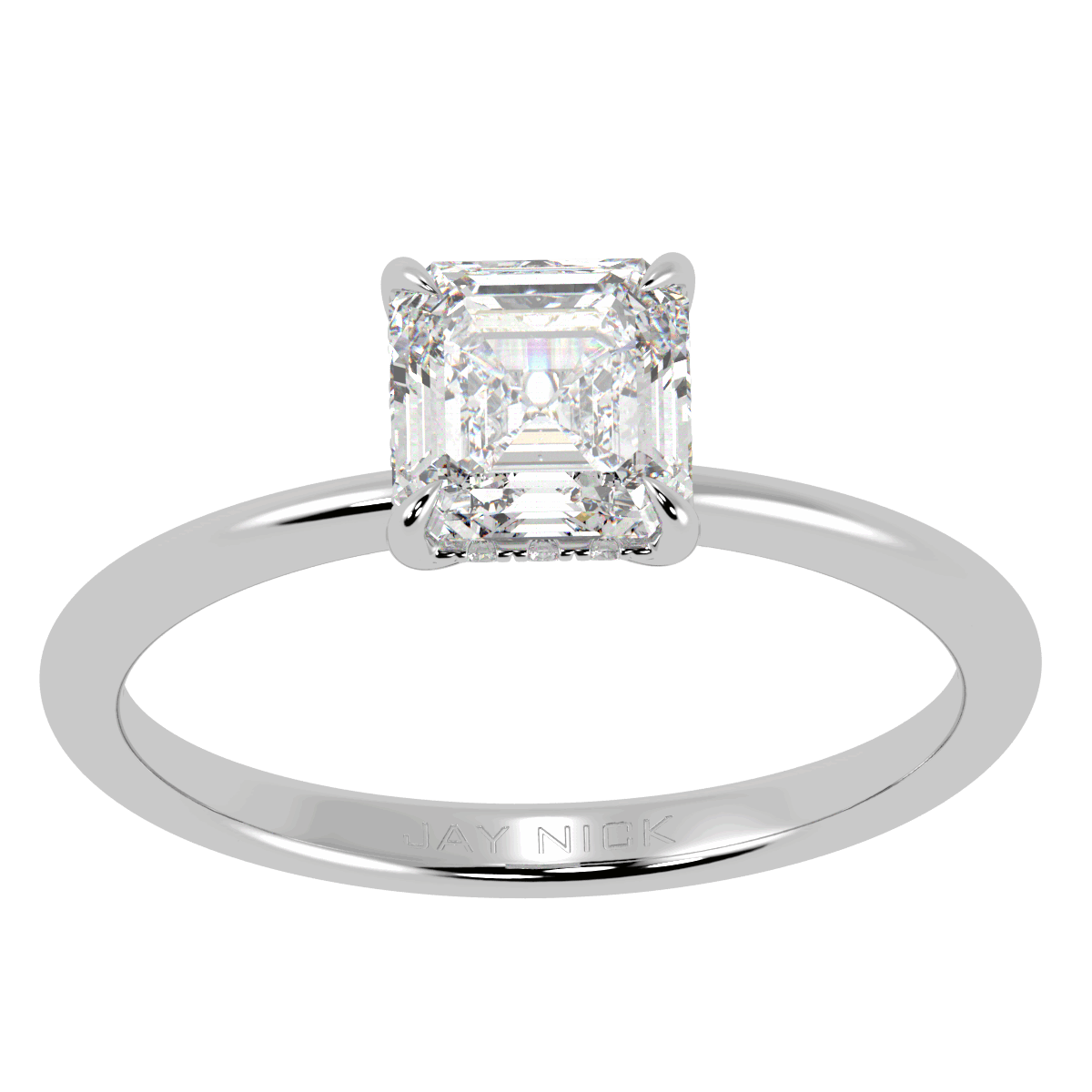 Asscher Cut Hidden Halo Ring in white gold or platinum, top view