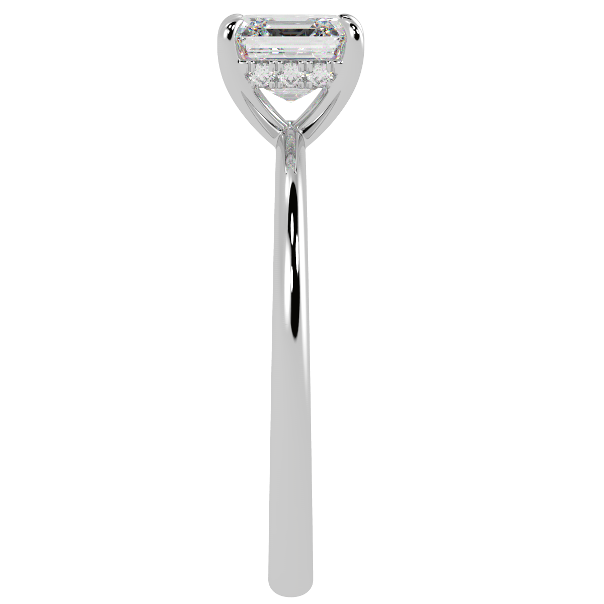 Asscher Cut Hidden Halo Ring in white gold or platinum, side view