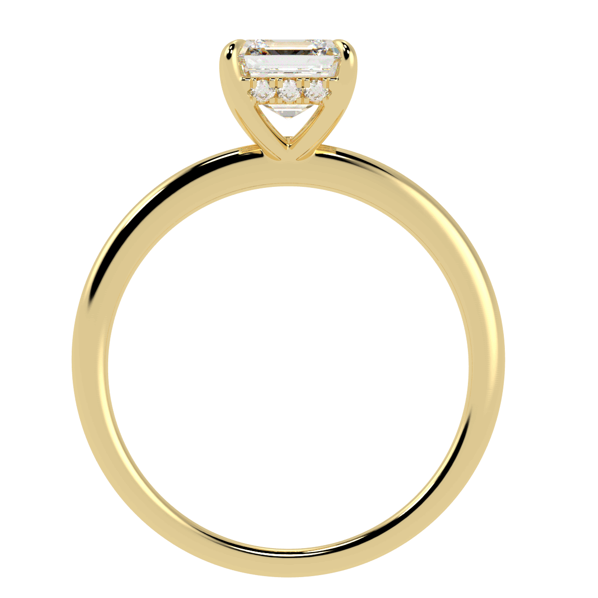 Asscher Cut Hidden Halo Ring in yellow gold, flat view