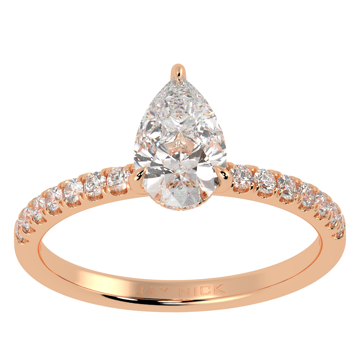 Pear Cut Studded Hidden Halo Ring in rose gold, top view