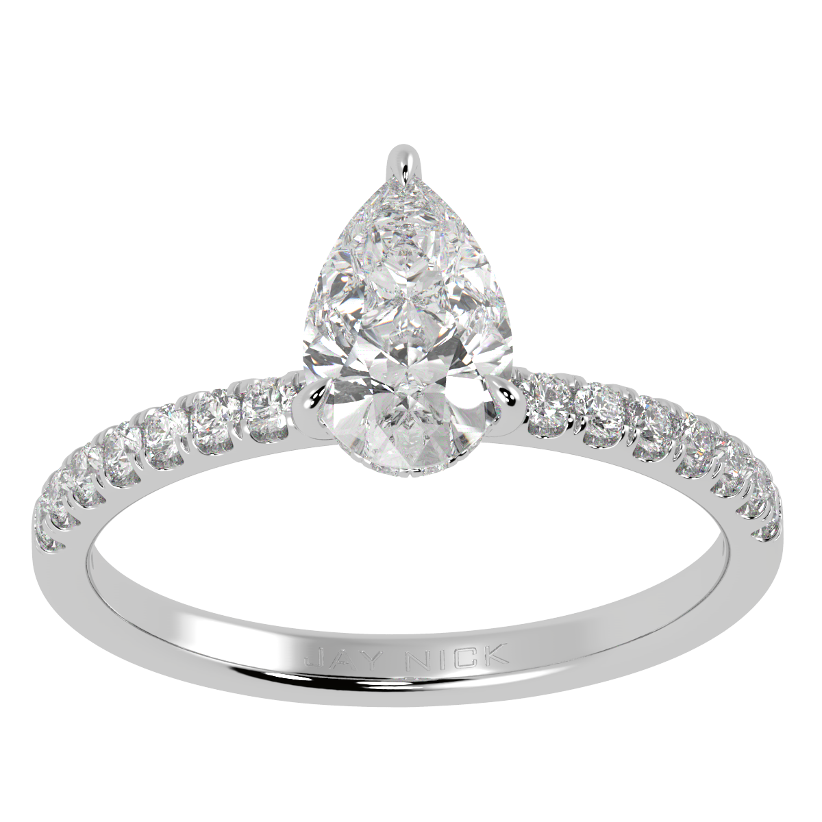 Pear Cut Studded Hidden Halo Ring in white gold or platinum, top view