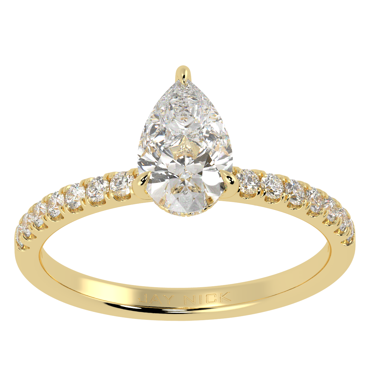 Pear Cut Studded Hidden Halo Ring in yellow gold, top view