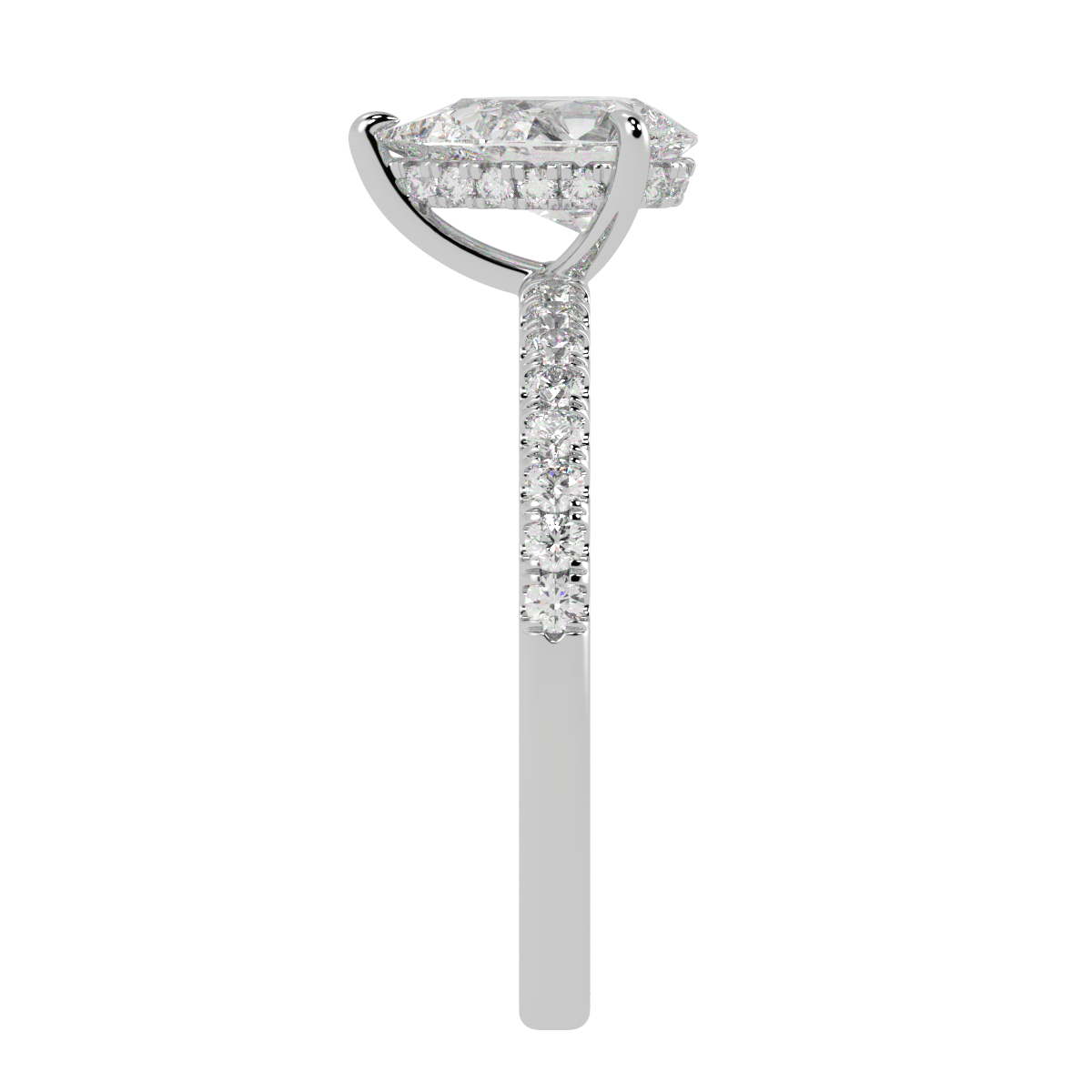 Pear Cut Studded Hidden Halo Ring in white gold or platinum, side view