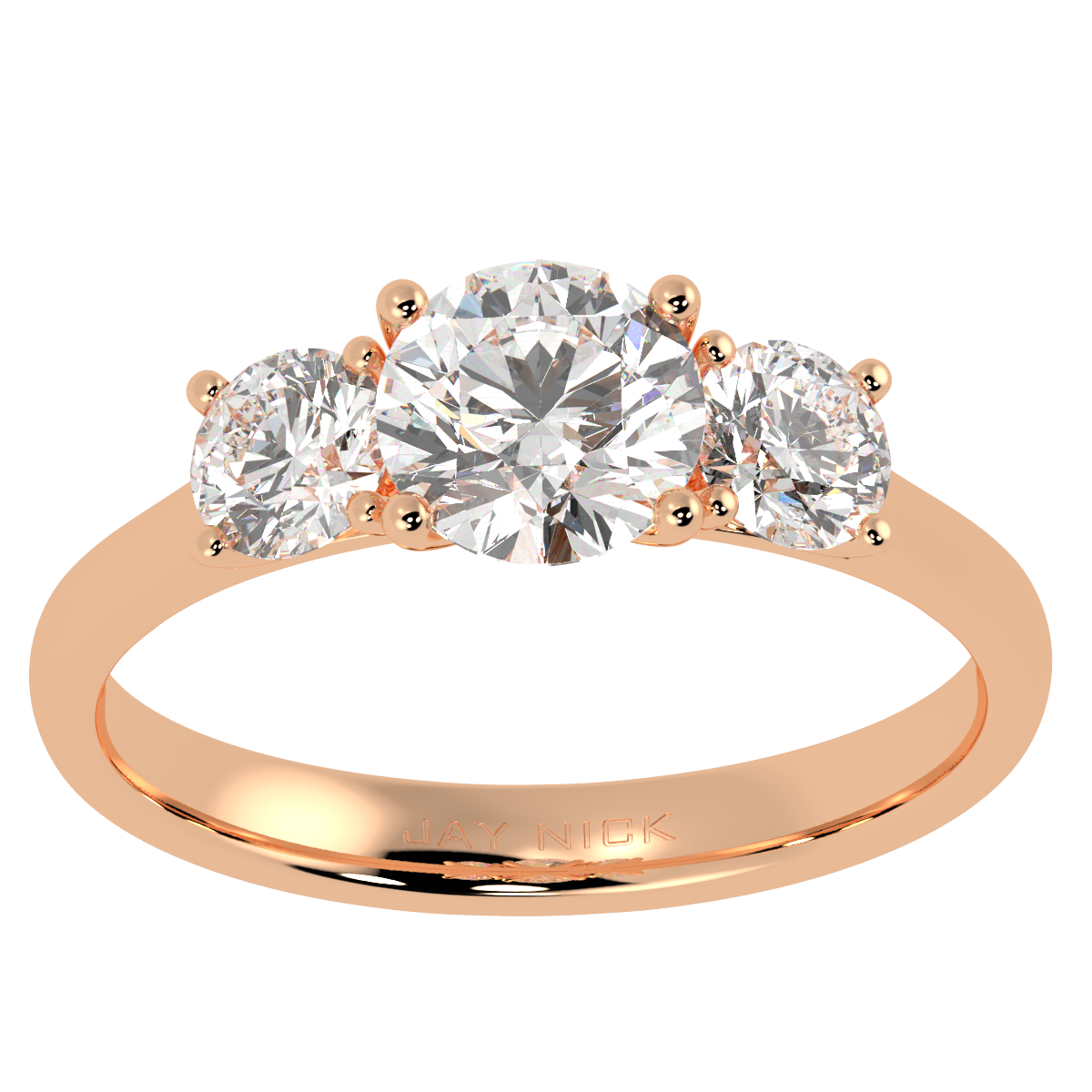 Round Cut Trilogy Ring in rose gold, top view