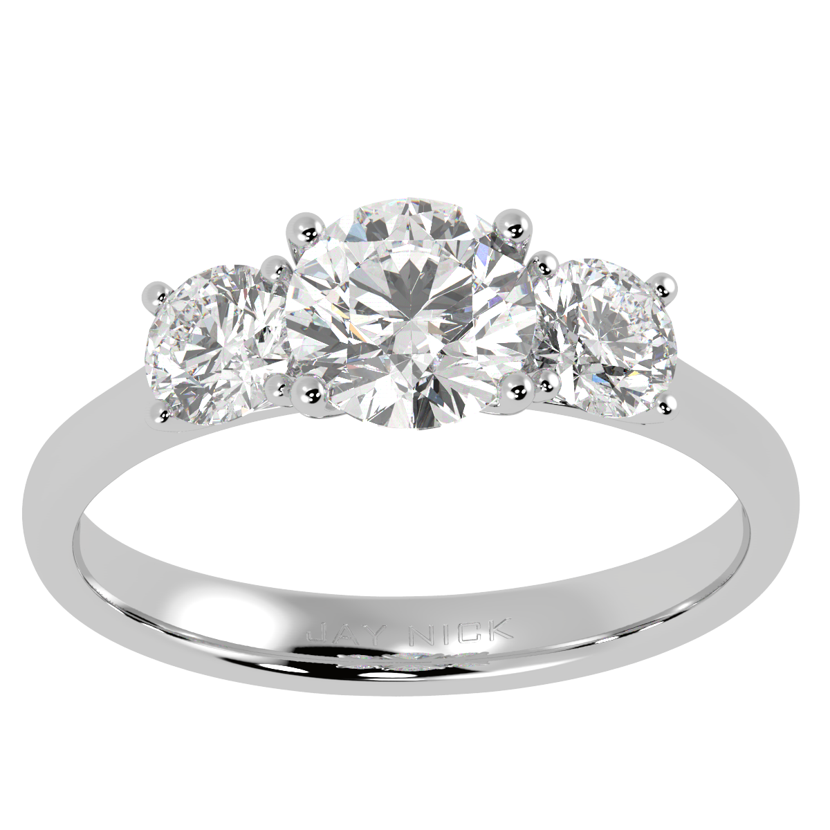 Round Cut Trilogy Ring in white gold or platinum, top view