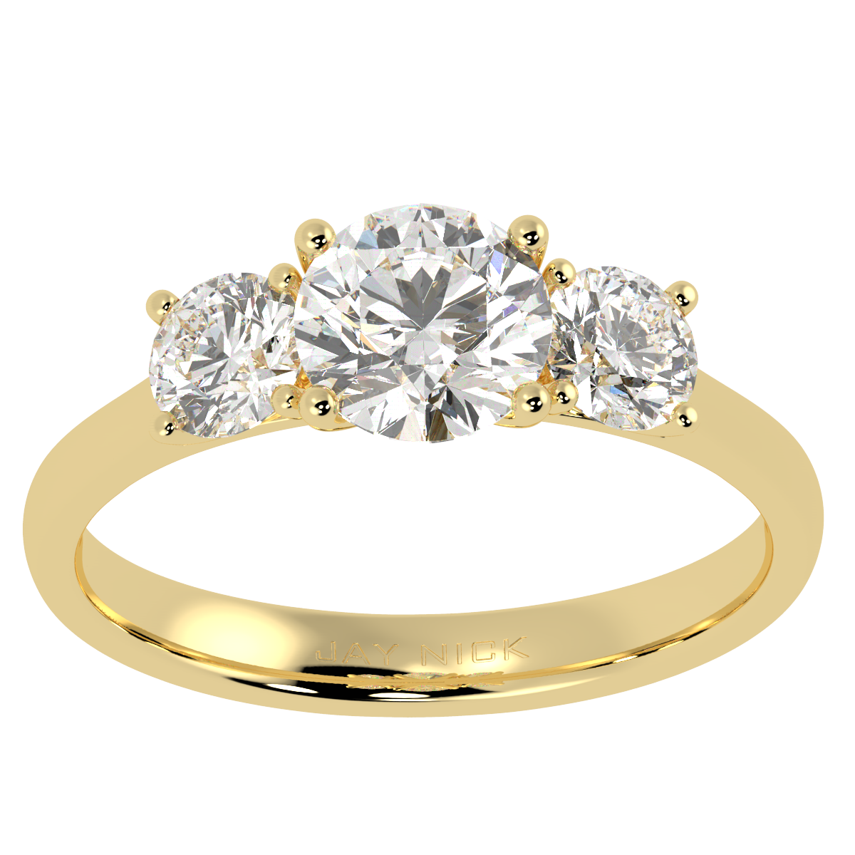 Round Cut Trilogy Ring in yellow gold, top view