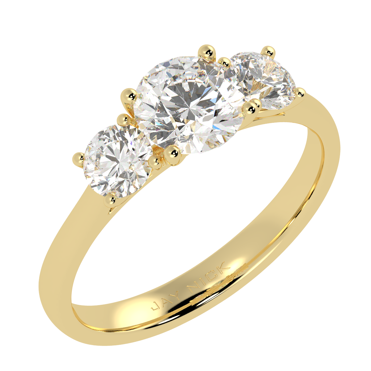 Round Cut Trilogy Ring in yellow gold, perspective view