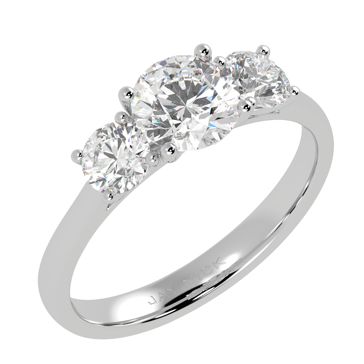 Round Cut Trilogy Ring in white gold or platinum, perspective view