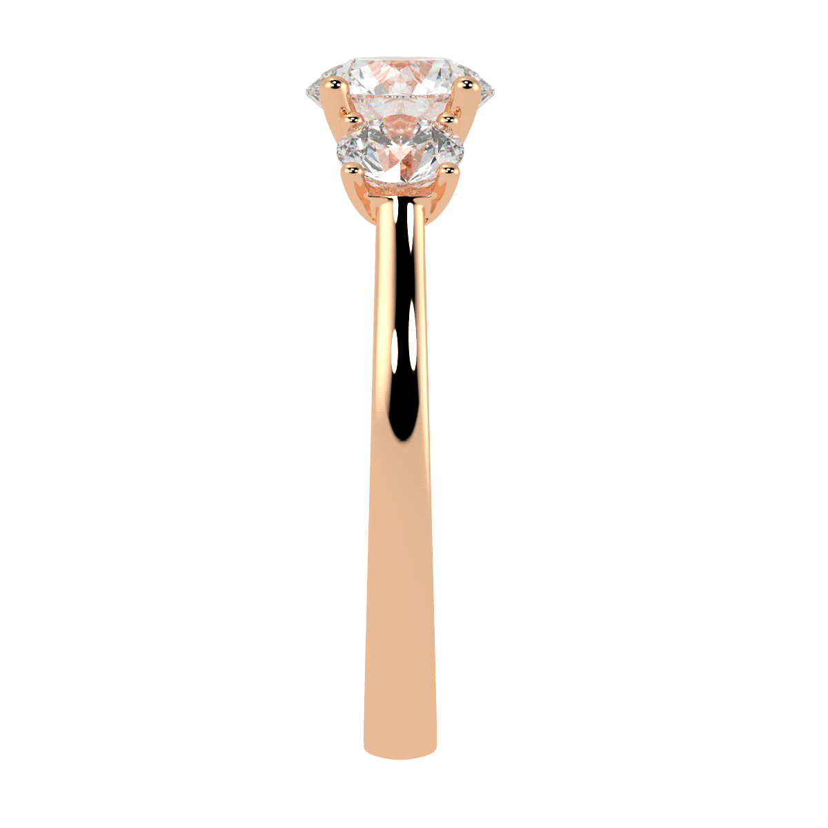 Round Cut Trilogy Ring in rose gold, side view