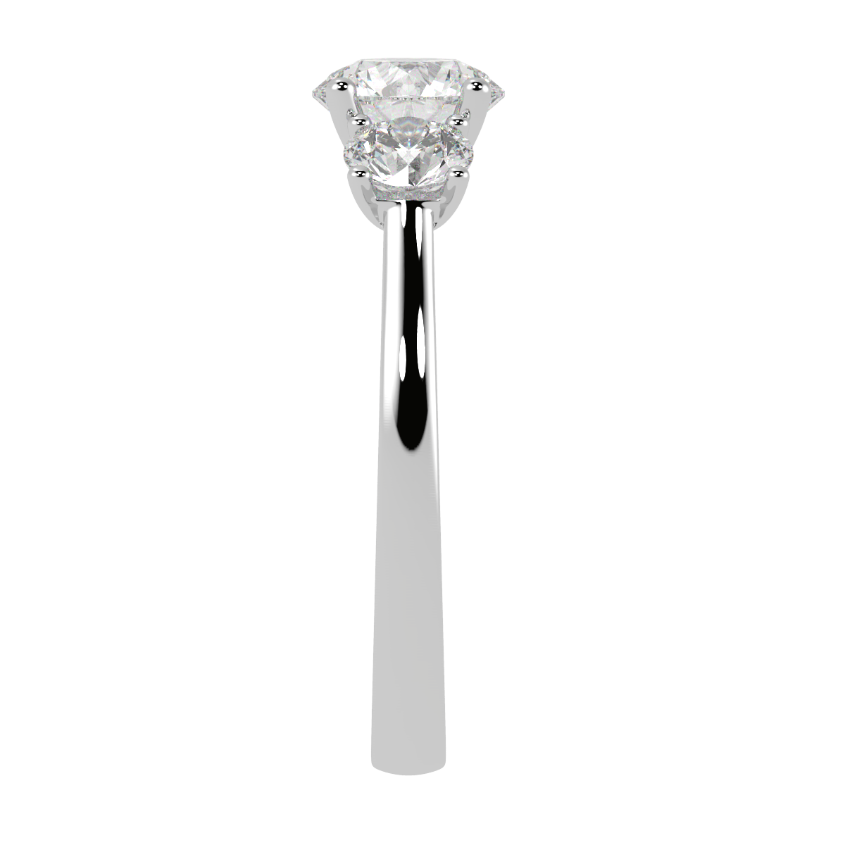 Round Cut Trilogy Ring in white gold or platinum, side view