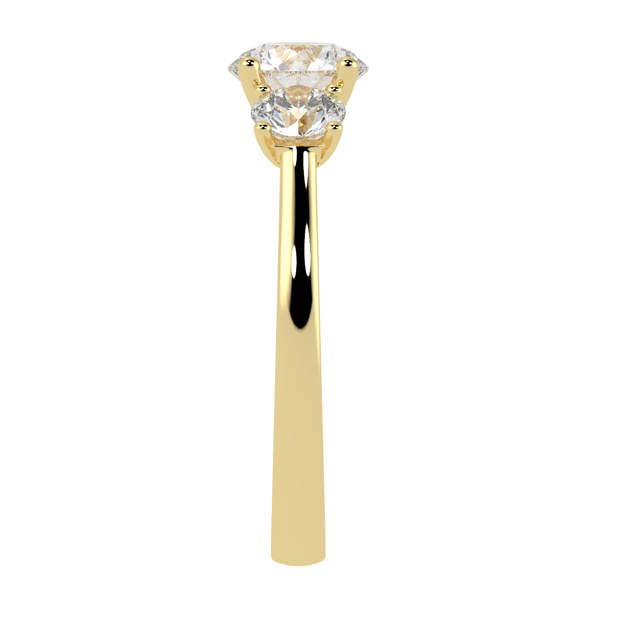 Round Cut Trilogy Ring in yellow gold, side view