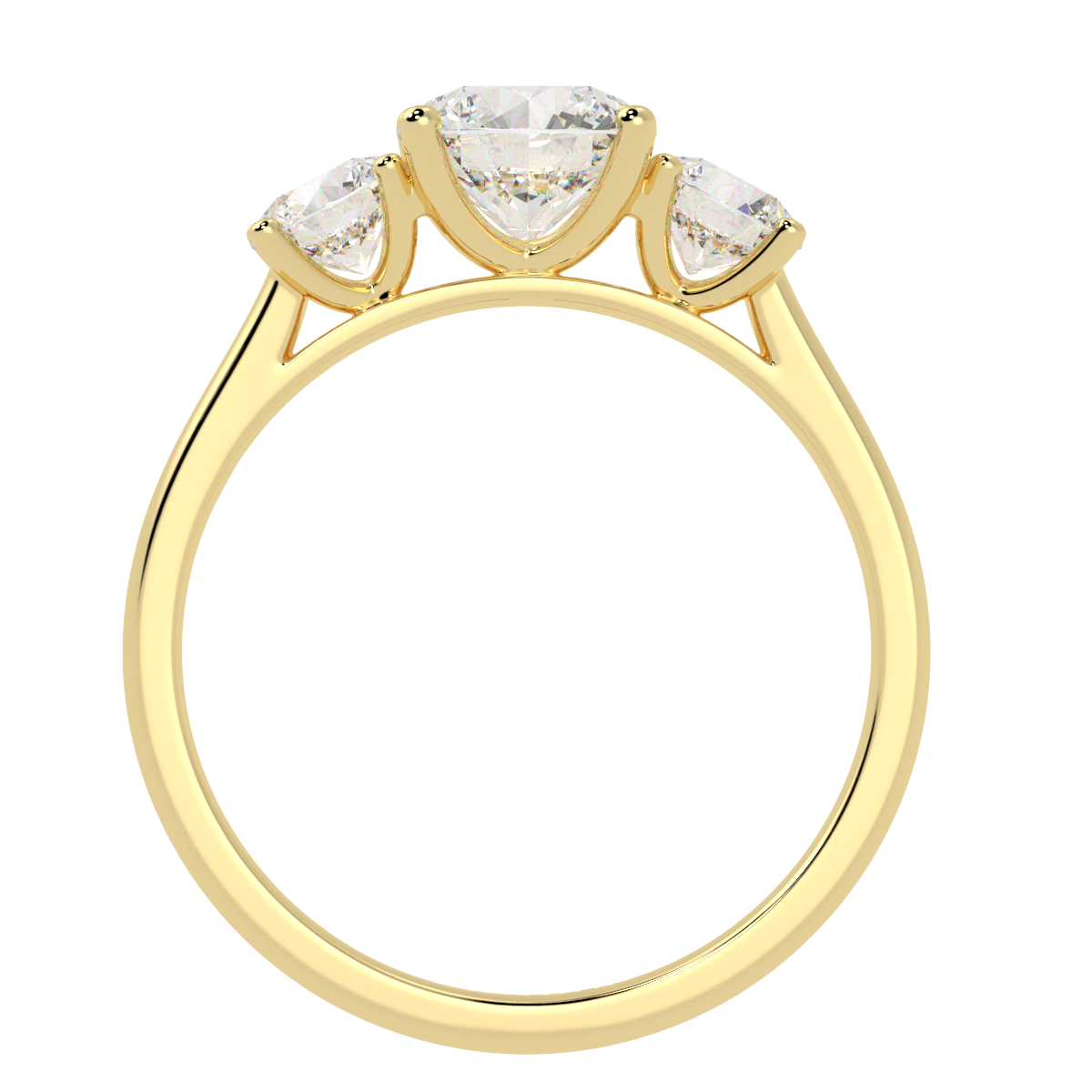 Round Cut Trilogy Ring in yellow gold, flat view