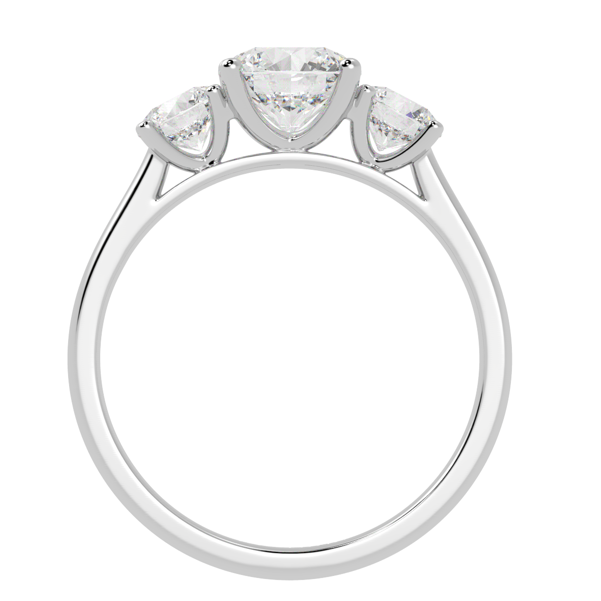 Round Cut Trilogy Ring in white gold or platinum, flat view