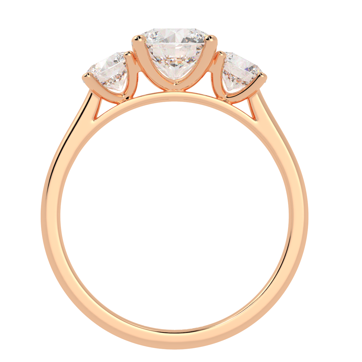 Round Cut Trilogy Ring in rose gold, flat view