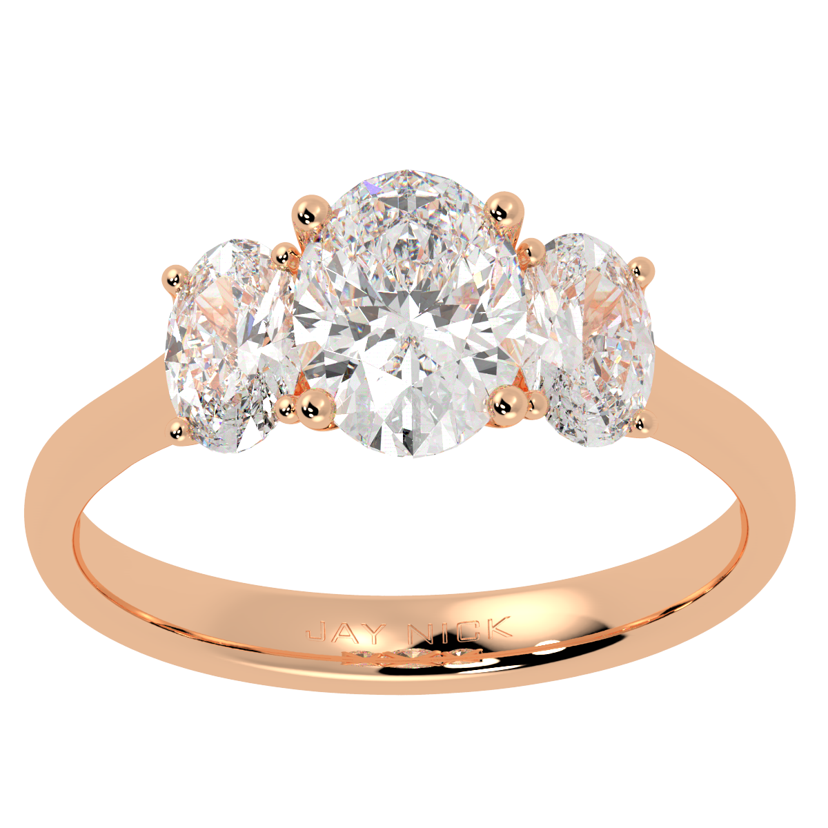 Oval Cut Trilogy Ring in rose gold, top view