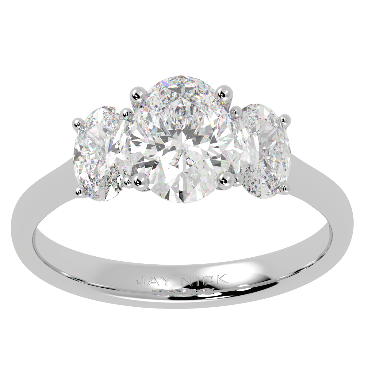 Oval Cut Trilogy Ring in white gold or platinum, top view