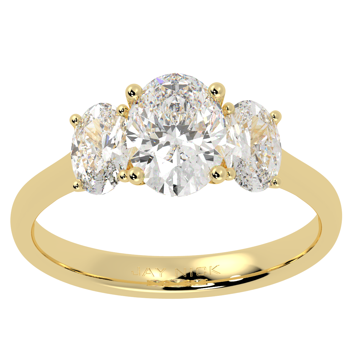 Oval Cut Trilogy Ring in yellow gold, top view