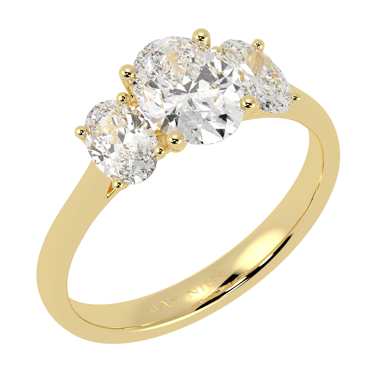 Oval Cut Trilogy Ring in yellow gold, perspective view