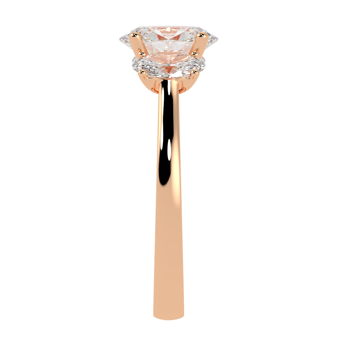 Oval Cut Trilogy Ring in rose gold, side view