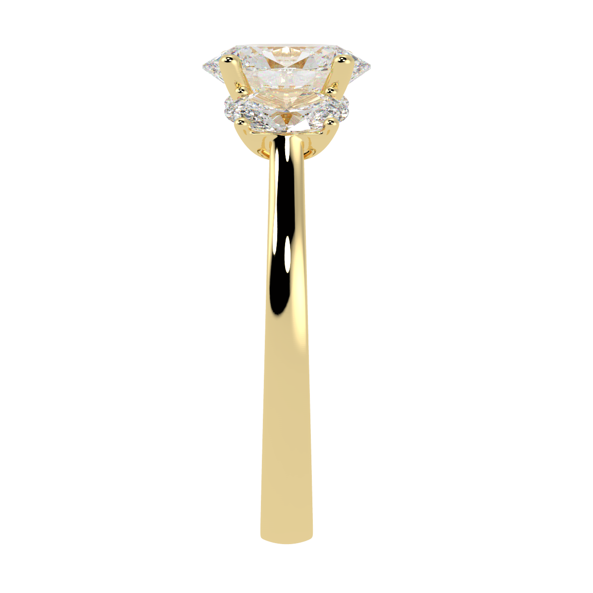 Oval Cut Trilogy Ring in yellow gold, side view