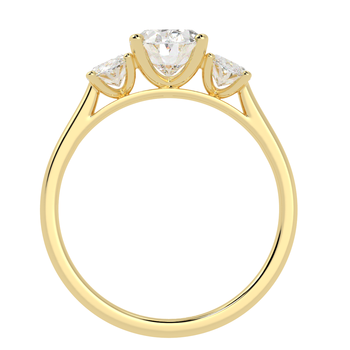 Oval Cut Trilogy Ring in yellow gold, flat view