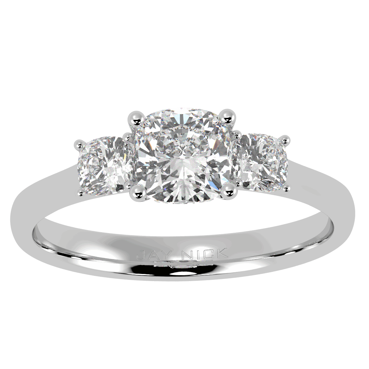 Cushion Cut Trilogy Ring in white gold or platinum, top view