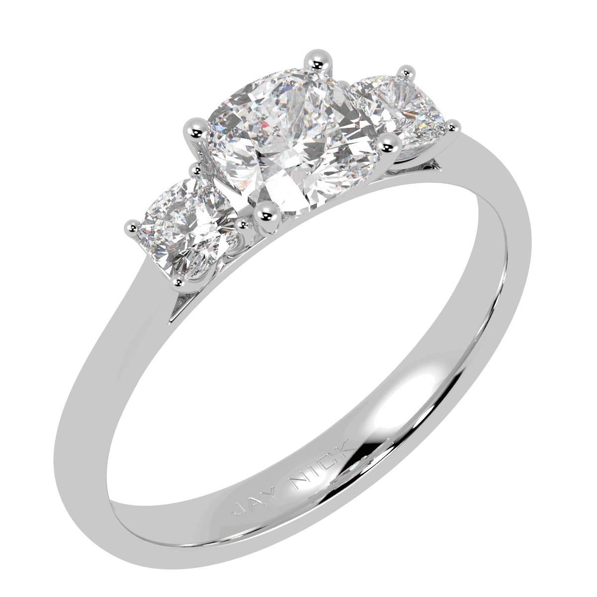 Cushion Cut Trilogy Ring in white gold or platinum, perspective view