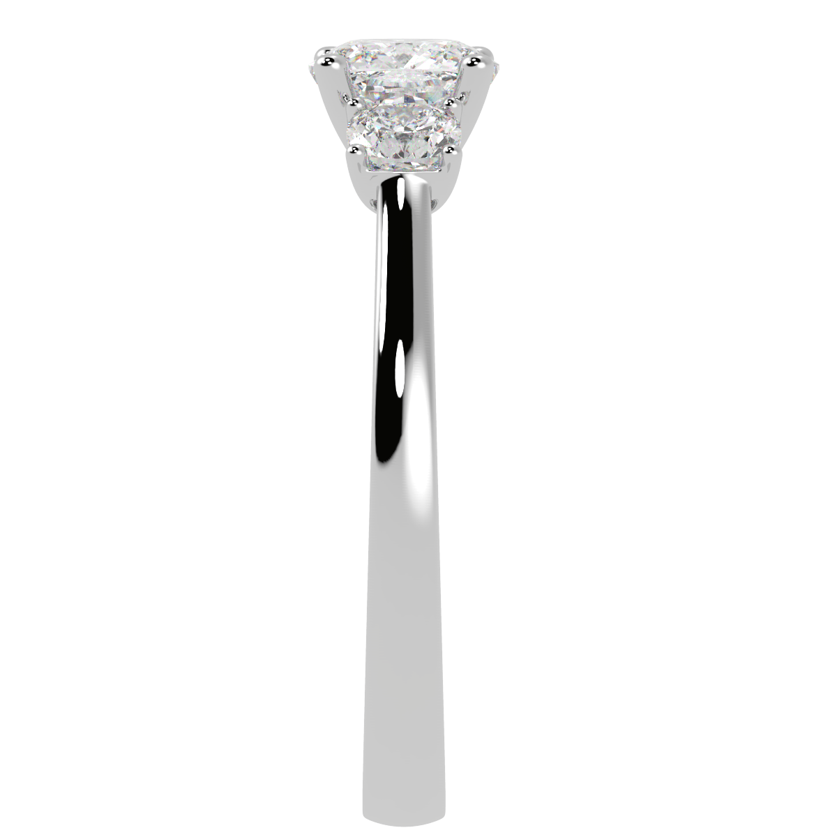 Cushion Cut Trilogy Ring in white gold or platinum, side view