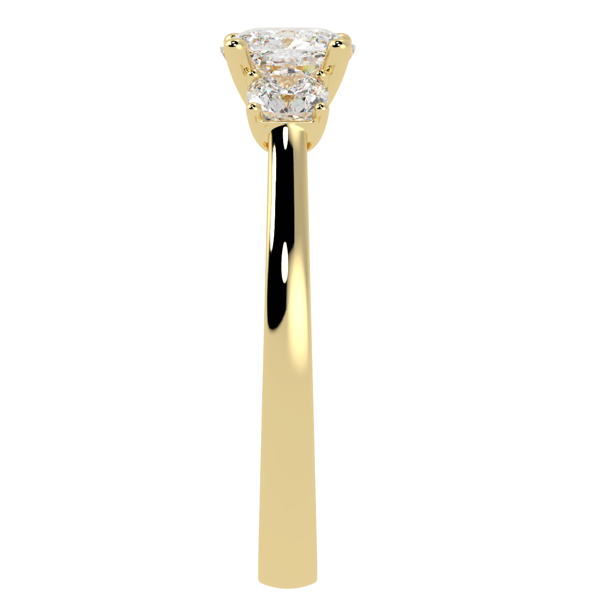 Cushion Cut Trilogy Ring in yellow gold, side view