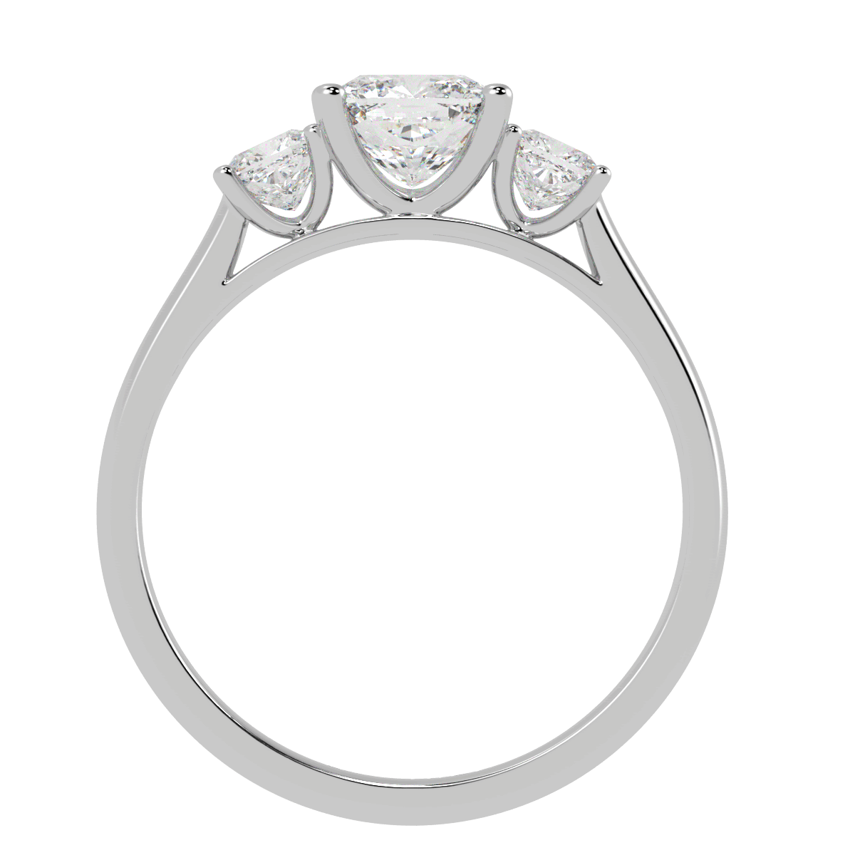 Cushion Cut Trilogy Ring in white gold or platinum, flat view