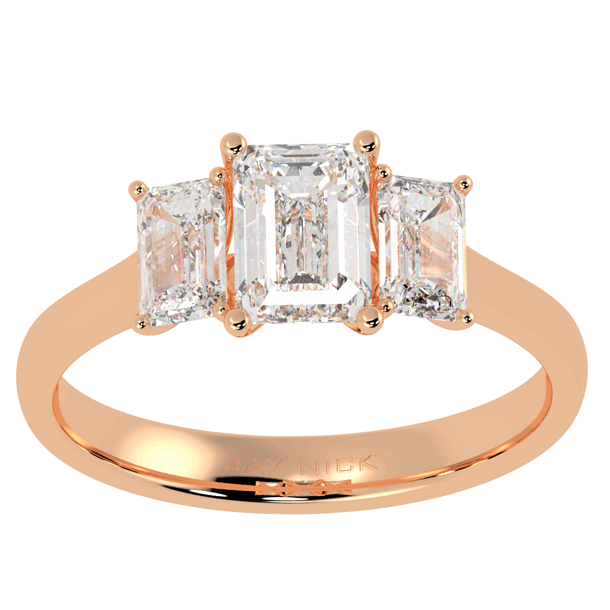 Emerald Cut Trilogy Ring in rose gold, top view