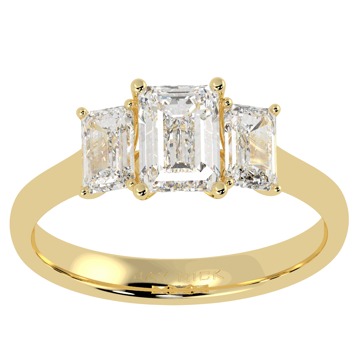 Emerald Cut Trilogy Ring in yellow gold, top view