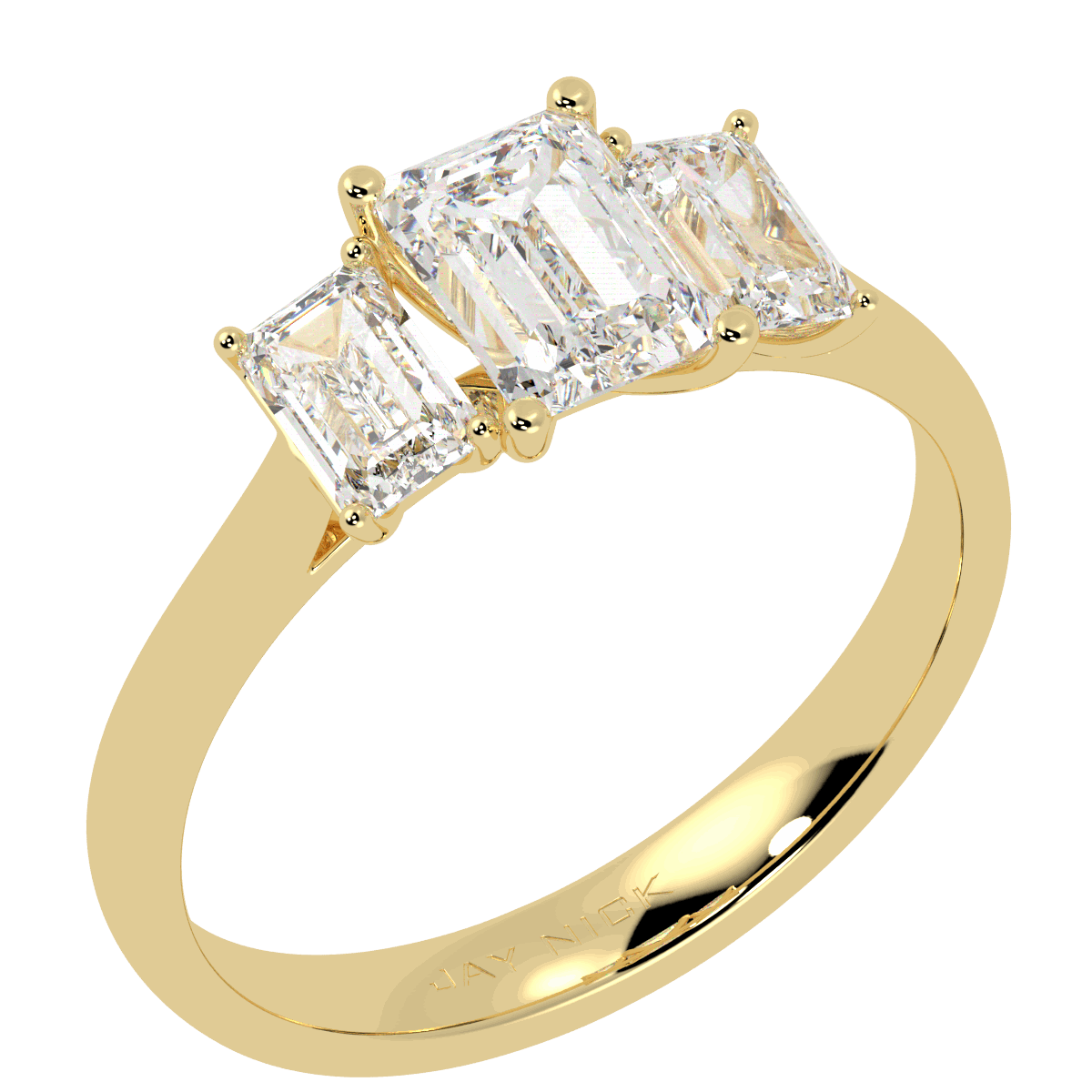 Emerald Cut Trilogy Ring in yellow gold, perspective view