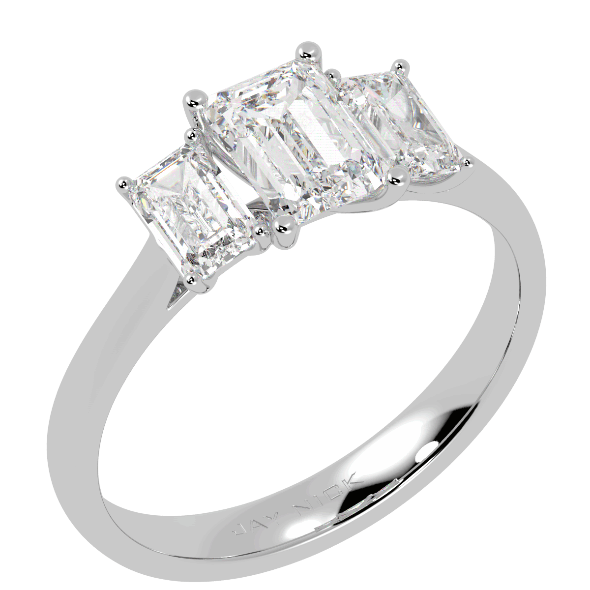 Emerald Cut Trilogy Ring in white gold or platinum, perspective view