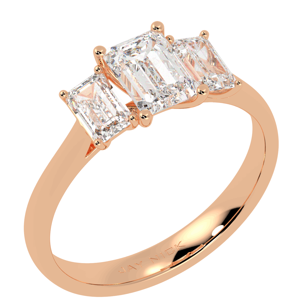 Emerald Cut Trilogy Ring in rose gold, perspective view