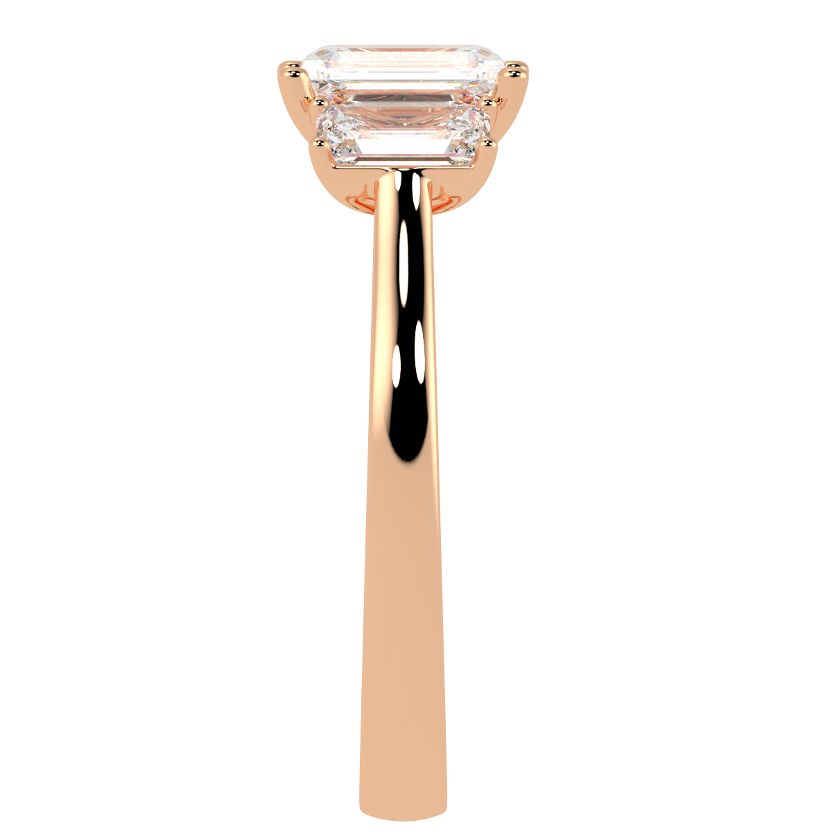 Emerald Cut Trilogy Ring in rose gold, side view