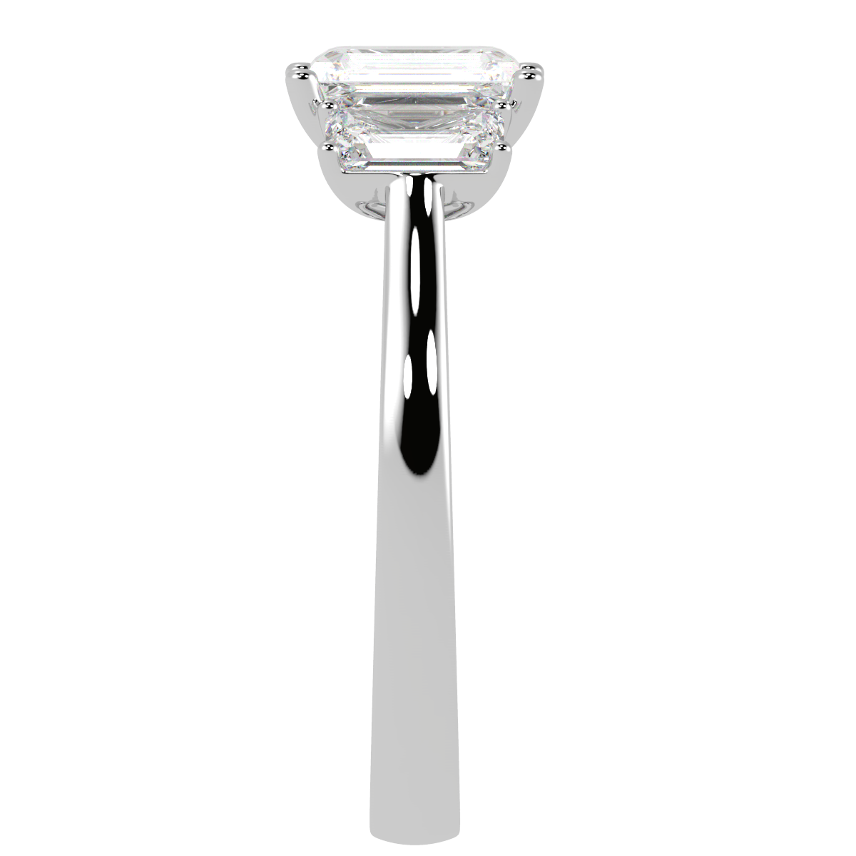 Emerald Cut Trilogy Ring in white gold or platinum, side view
