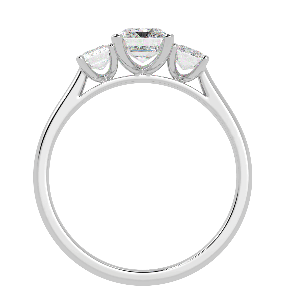Emerald Cut Trilogy Ring in white gold or platinum, flat view