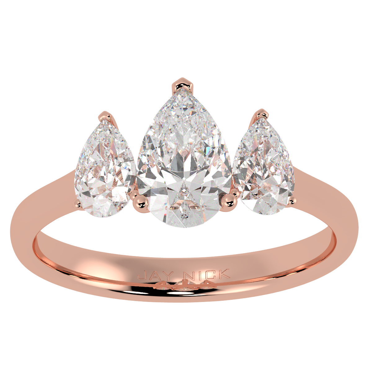 Pear Cut Trilogy Ring in rose gold, top view