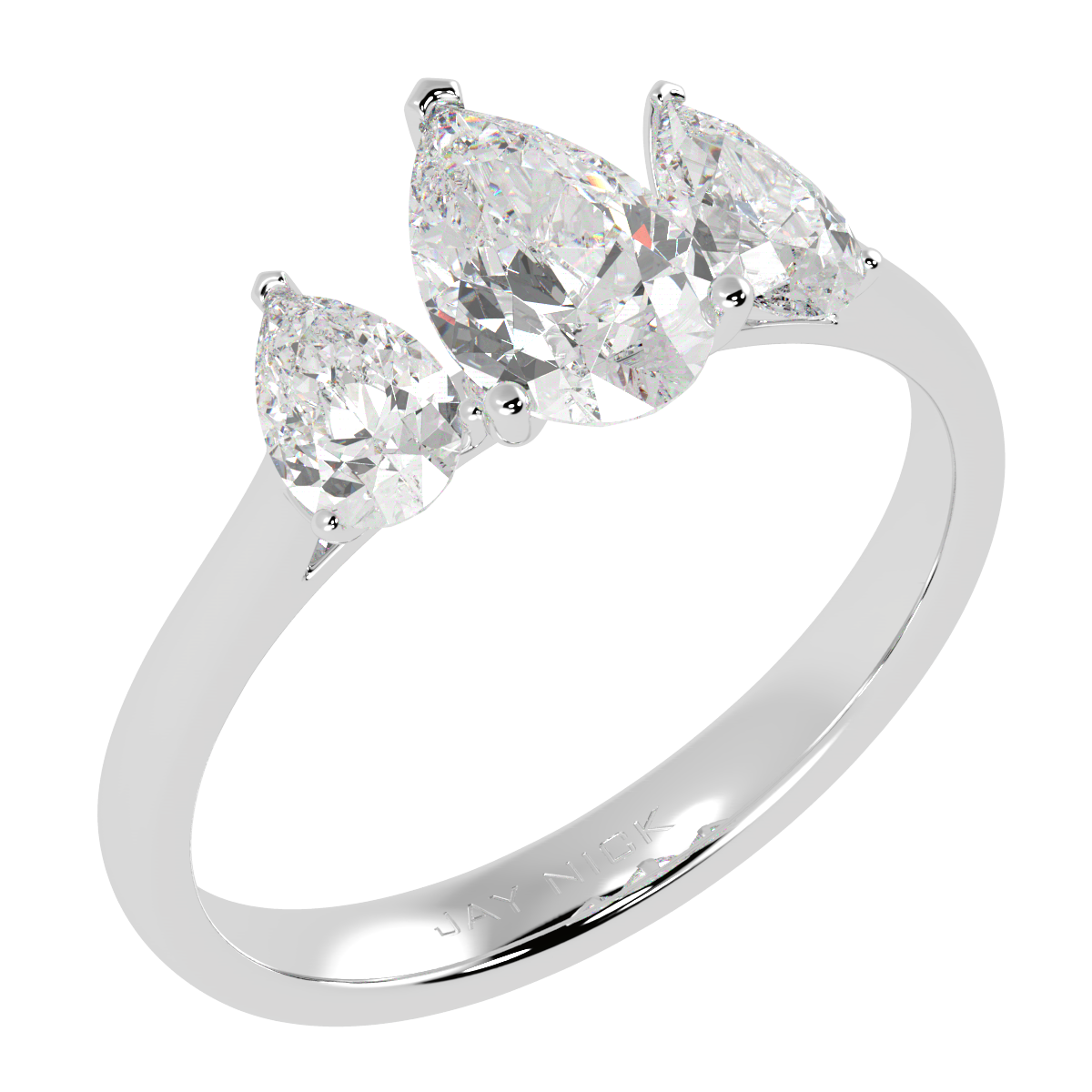 Pear Cut Trilogy Ring in white gold or platinum, perspective view