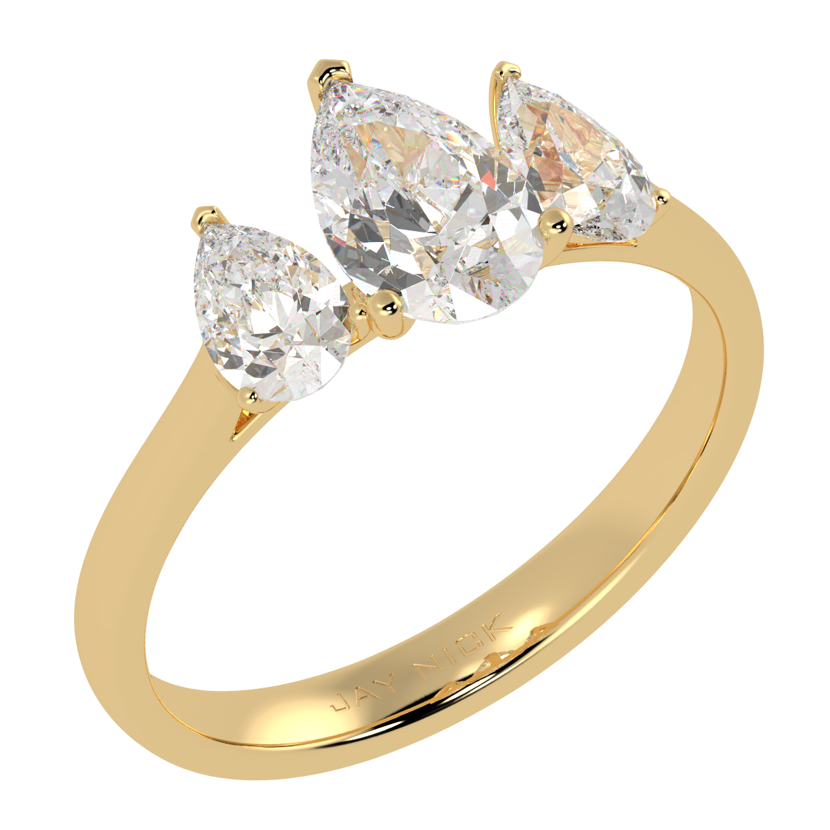 Pear Cut Trilogy Ring in yellow gold, perspective view