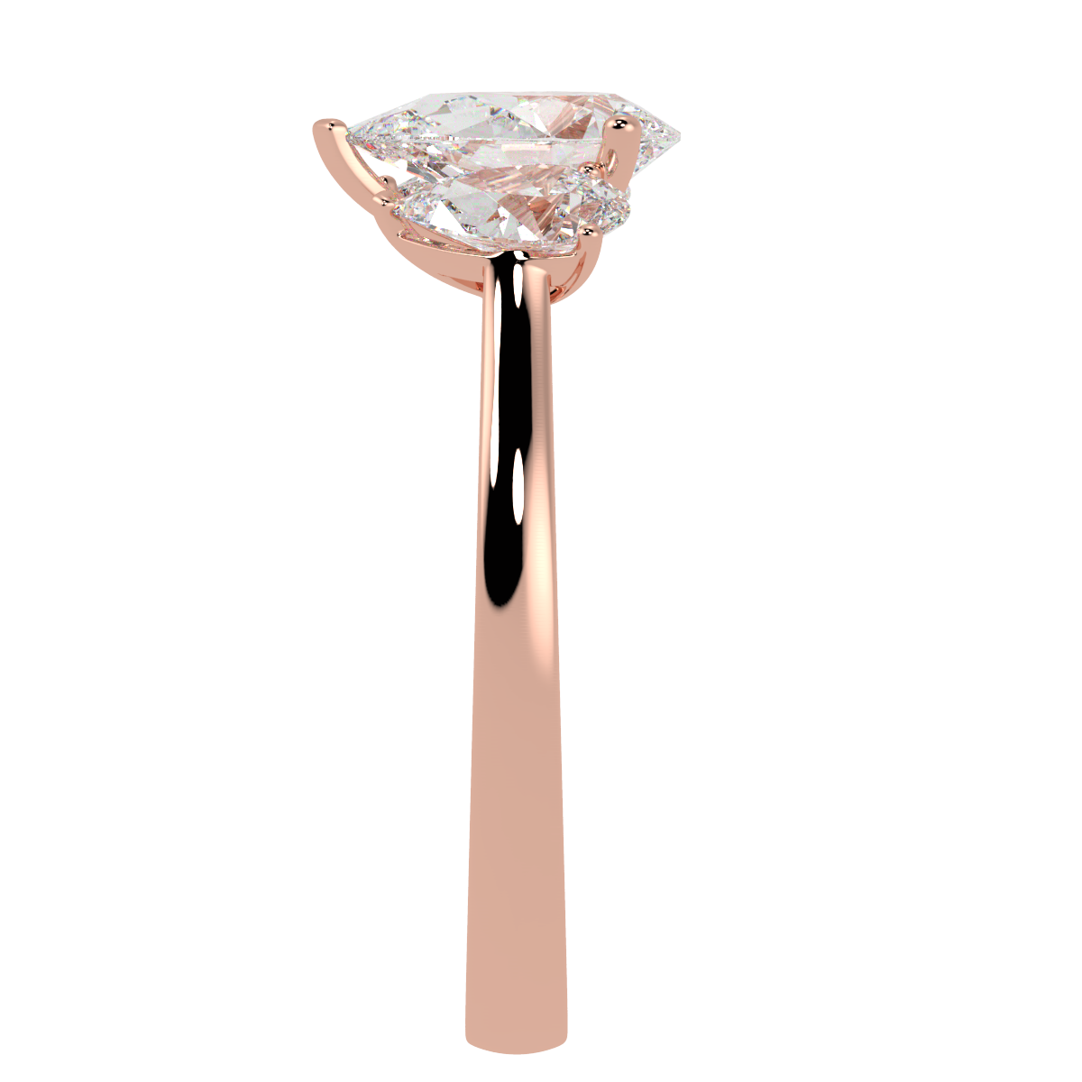 Pear Cut Trilogy Ring in rose gold, side view