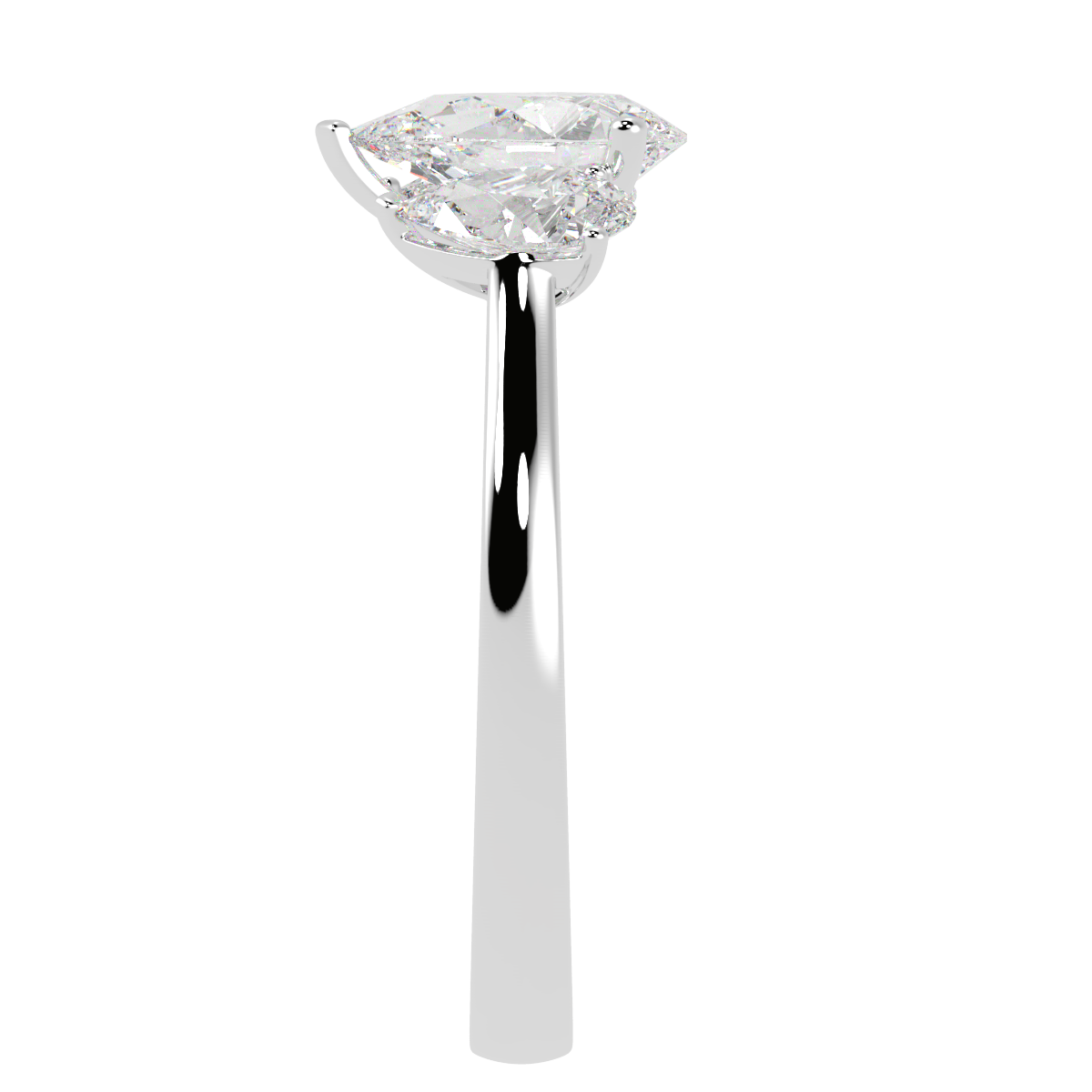 Pear Cut Trilogy Ring in white gold or platinum, side view