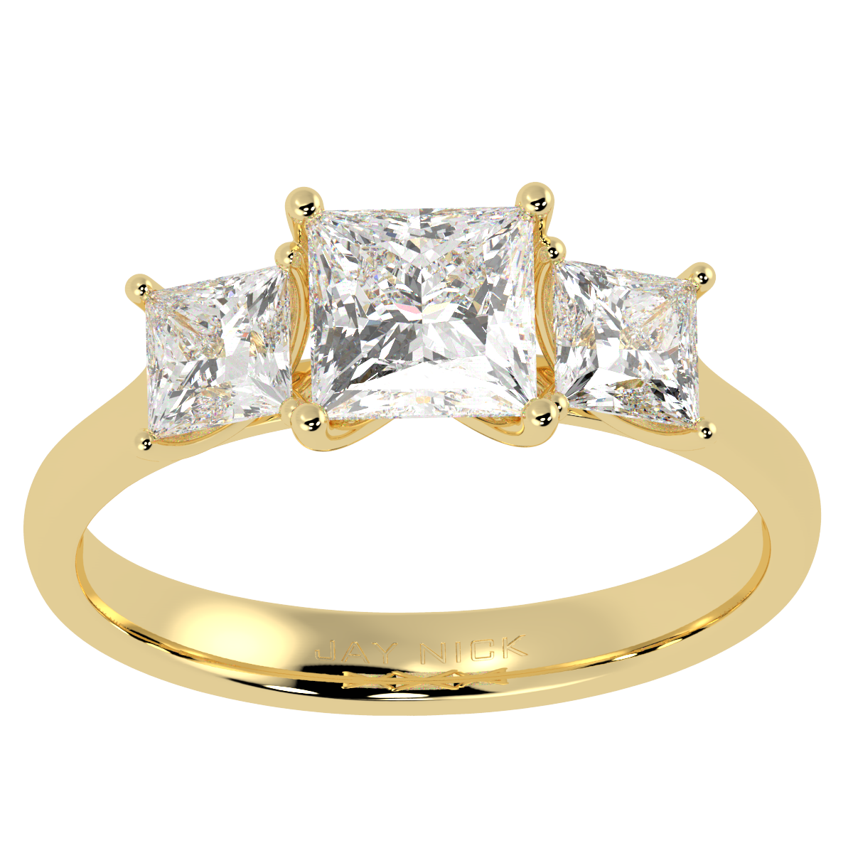 Princess Cut Trilogy Ring in yellow gold, top view